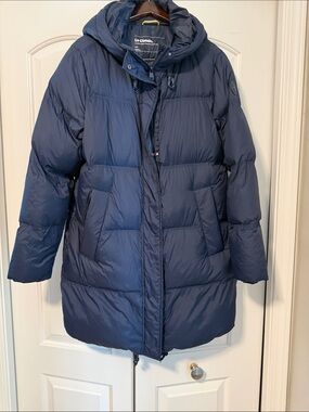 Classic Navy Long Puffer Coat with Hood